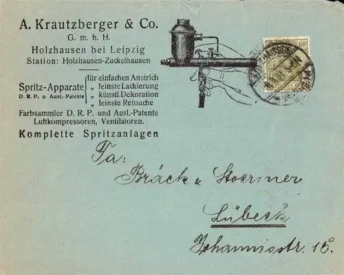 O 563. Geschäftsbrief von 1921 der Firma Krautzberger & Co in Holzhausen bei Leipzig mit Abb. einer Maler Spritzpistole