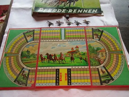 Seltenes altes Spielbrett Würfelspiel Pferderennen Zinnfiguren 30/ 40er Jahre