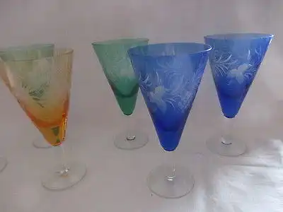 6 schöne alte Kristall Sektgläser Sektglas mit Schliff bunt grün orange blau