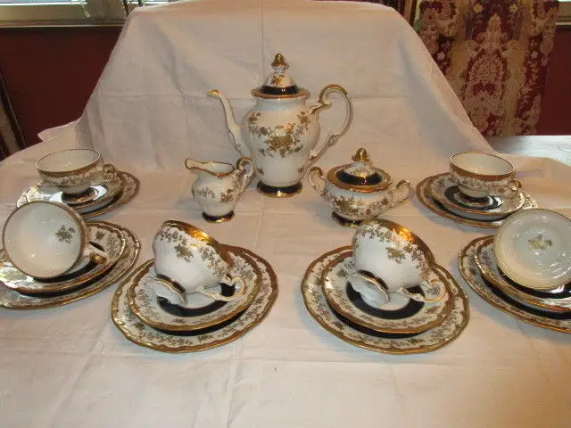 Weimar Echt Kobalt Kaffeeservice Katharina 7722 Barock Gold Rose 21 tlg. 2