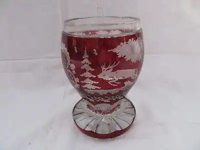 Böhmen altes Bleikristall Glas Pokal rotes Überfangglas Jagd
