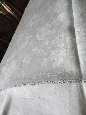 Schöne alte XXL Leinen Damast Tischdecke Tafeltuch Hohlsaum 310 x 190 cm um 1910