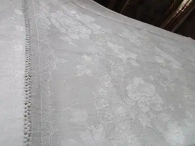 Schöne alte XXL Leinen Damast Tischdecke Tafeltuch Hohlsaum 310 x 190 cm um 1910