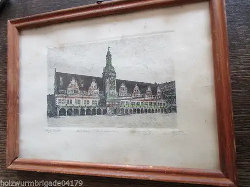 Schöne alte Radierung Leipzig altes Rathaus signiert
