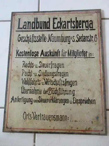 Sehr seltenes altes Blechschild Landbund Eckartsberga Naumburg um 1920
