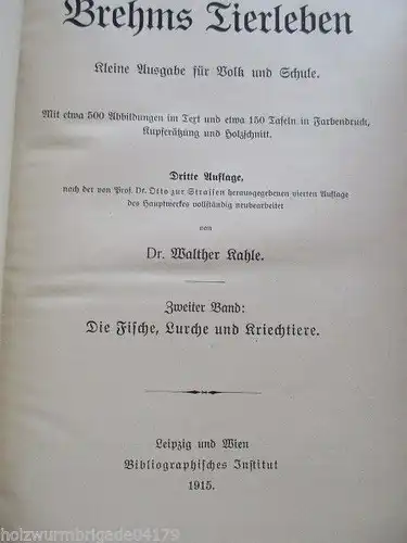 Brehms Tierleben in 4 Bänden Kleine Ausgabe für Volk und Schule 1915-1920