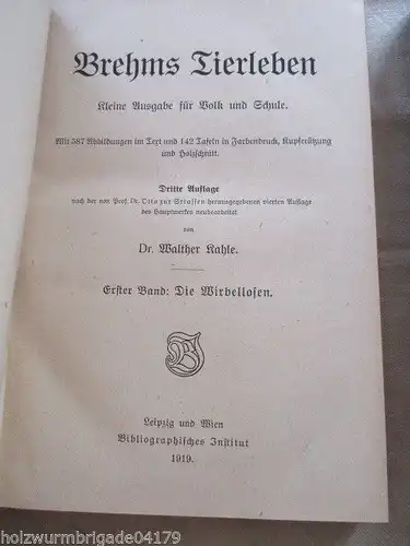 Brehms Tierleben in 4 Bänden Kleine Ausgabe für Volk und Schule 1915-1920