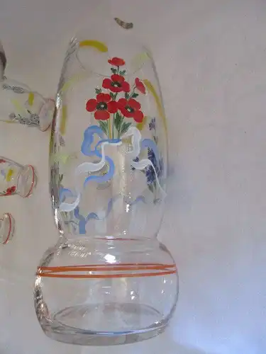 Altes Kristall Set Wasserkanne Krug + 5 Trinkgläser Wassergläser Glasmalerei