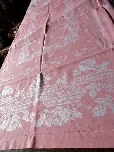 Herrliches altes XXL Leinen Damast Tischtuch Tafeltuch Jugendstil Rosa 280 x 150