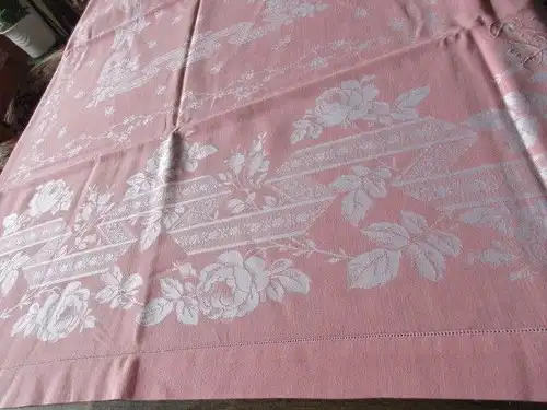 Herrliches altes XXL Leinen Damast Tischtuch Tafeltuch Jugendstil Rosa 280 x 150