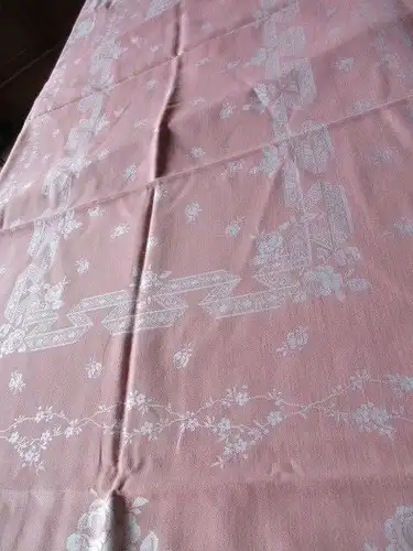 Herrliches altes XXL Leinen Damast Tischtuch Tafeltuch Jugendstil Rosa 280 x 150