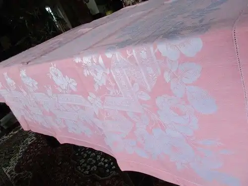 Herrliches altes XXL Leinen Damast Tischtuch Tafeltuch Jugendstil Rosa 280 x 150