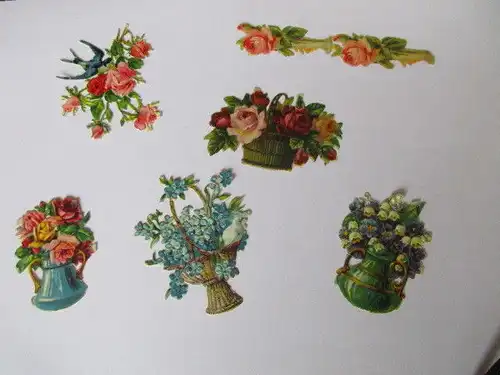 6 wunderschöne alte Präge Oblaten Glanzbilder Vögel Blumen um 1910