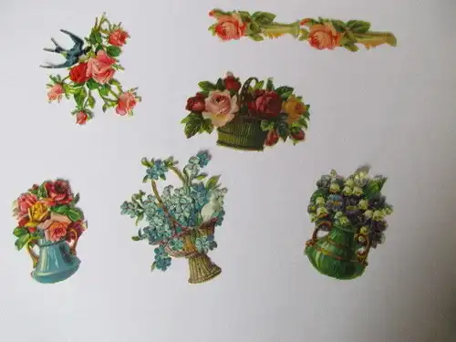 6 wunderschöne alte Präge Oblaten Glanzbilder Vögel Blumen um 1910