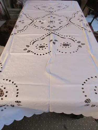 Herrliche alte XL Leinen Tischdecke Tischtuch Richelieu Stickerei 230 x 140 cm