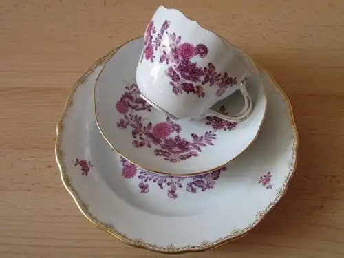 Meissen altes Kaffeegedeck Gedeck indisch purpur Schmetterlinge 3 tlg.  2.Wahl