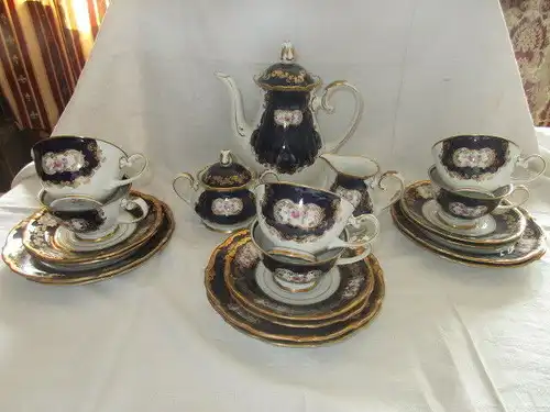 Reichenbach Kaffeeservice Teeservice Echt Kobalt Barock Gold Rose 21 tlg.