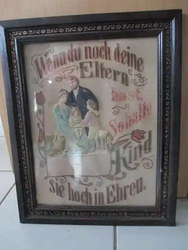 altes Bild Bilderrahmen Wandspruch Spruchbild Stickerei Jugendstil um 1900