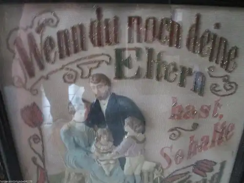 altes Bild Bilderrahmen Wandspruch Spruchbild Stickerei Jugendstil um 1900