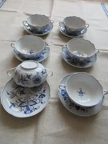 Meissen RARITÄT 6 Zwiebelmuster Suppentassen Suppenschalen + Unterteller 3. Wahl