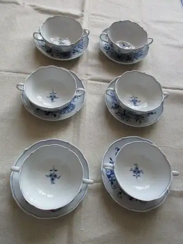 Meissen RARITÄT 6 Zwiebelmuster Suppentassen Suppenschalen + Unterteller 3. Wahl