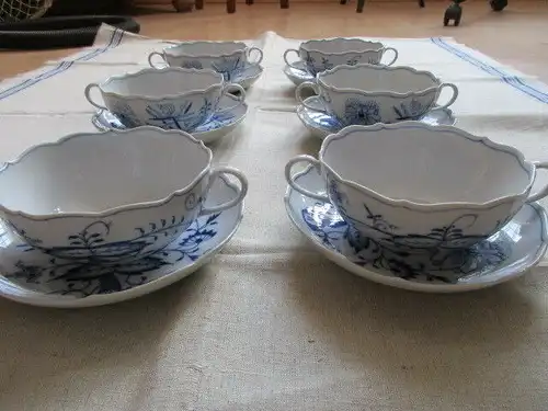 Meissen RARITÄT 6 Zwiebelmuster Suppentassen Suppenschalen + Unterteller 3. Wahl