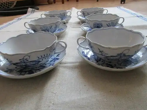 Meissen RARITÄT 6 Zwiebelmuster Suppentassen Suppenschalen + Unterteller 3. Wahl