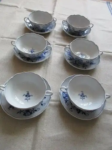 Meissen RARITÄT 6 Zwiebelmuster Suppentassen Suppenschalen + Unterteller 3. Wahl