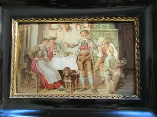 Gründerzeit Lithographie gewölbtes Glas Rahmen Bauernstube Familie Wirtschaft