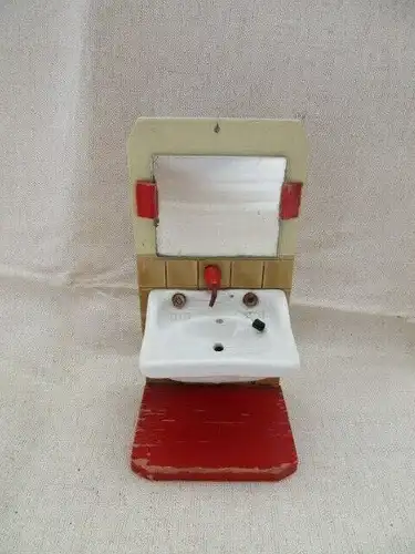 Puppenmöbel Bad Badezimmer Waschbecken mit Spiegel Holz Porzellan 60er Jahre