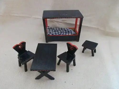 Puppenmöbel Schlafzimmer Bett Tisch Stuhl Hocker Holz 40er J