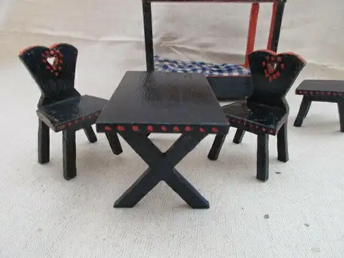 Puppenmöbel Schlafzimmer Bett Tisch Stuhl Hocker Holz 40er J