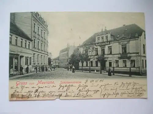 seltene alte AK Gruss aus Meerane Sachsen Schützenstrasse gelaufen 1901