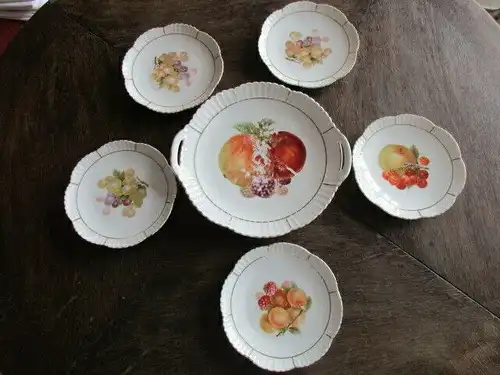 Leuchtenburg Porzellan 5 Obst Teller + Anbietschale Kuchenteller Obstdekor