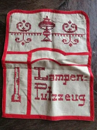 Alter Leinen Beutel LAMPEN PUTZZEUG rote Stickerei Jugendstil um 1900