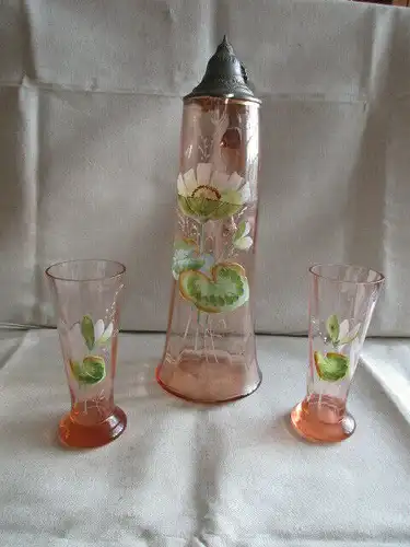 Jugendstil Glas Krug Kanne + 2 Gläser Zinndeckel Emaile Malerei Rosalin Lotus