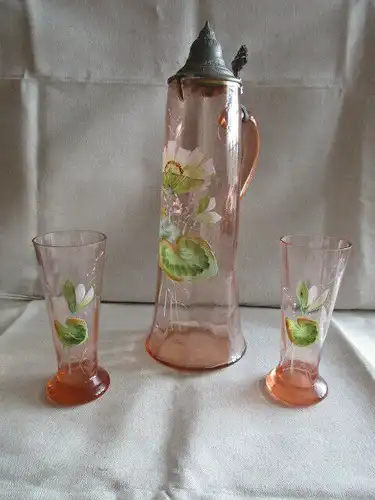 Jugendstil Glas Krug Kanne + 2 Gläser Zinndeckel Emaile Malerei Rosalin Lotus