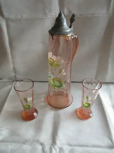 Jugendstil Glas Krug Kanne + 2 Gläser Zinndeckel Emaile Malerei Rosalin Lotus