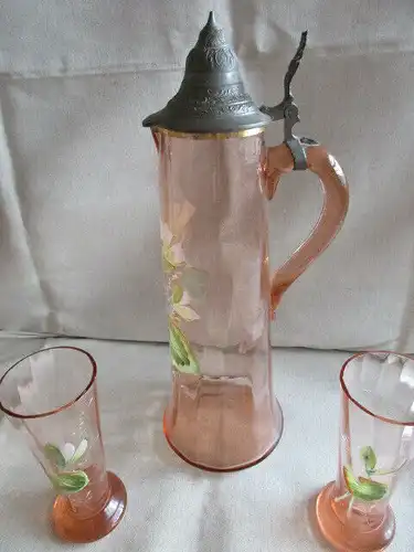 Jugendstil Glas Krug Kanne + 2 Gläser Zinndeckel Emaile Malerei Rosalin Lotus