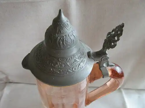 Jugendstil Glas Krug Kanne + 2 Gläser Zinndeckel Emaile Malerei Rosalin Lotus