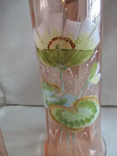 Jugendstil Glas Krug Kanne + 2 Gläser Zinndeckel Emaile Malerei Rosalin Lotus