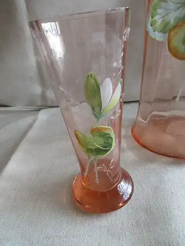 Jugendstil Glas Krug Kanne + 2 Gläser Zinndeckel Emaile Malerei Rosalin Lotus