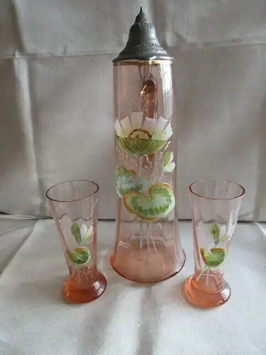 Jugendstil Glas Krug Kanne + 2 Gläser Zinndeckel Emaile Malerei Rosalin Lotus