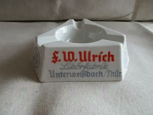 Porzellan Aschenbecher F. W. Ulrich Likörfabrik Unterweißbach Werbung