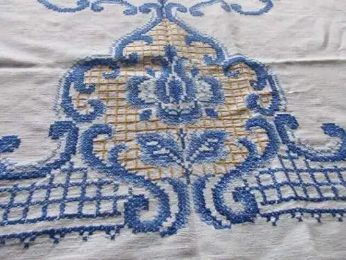 wunderschönes altes Tischtuch Tischdecke Leinen blaue Stickerei