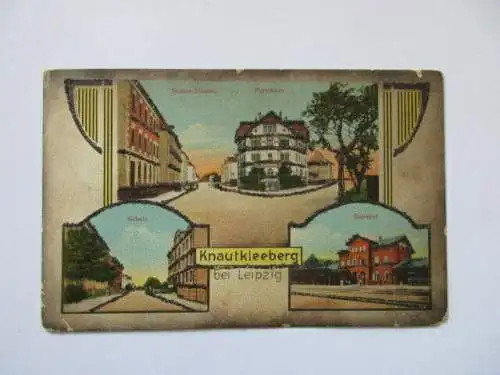 seltene AK Leipzig Knautkleeberg Seumestr.,Bahnhof ,Schule,Forsthaus  gel. 1917
