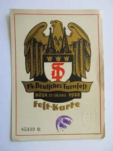Festkarte 14. Deutsches Turnfest Köln 1928 Verein ATV Leipzig
