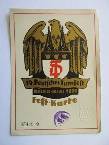 Festkarte 14. Deutsches Turnfest Köln 1928 Verein ATV Leipzig 