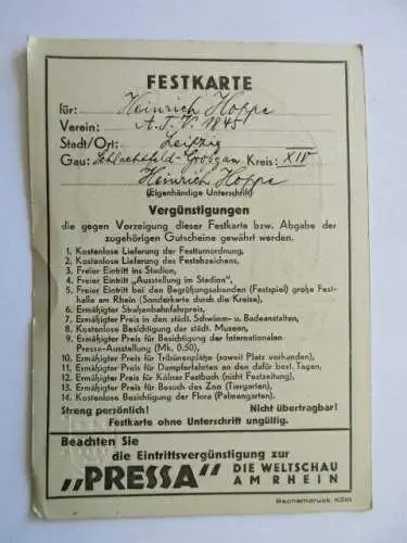Festkarte 14. Deutsches Turnfest Köln 1928 Verein ATV Leipzig 
