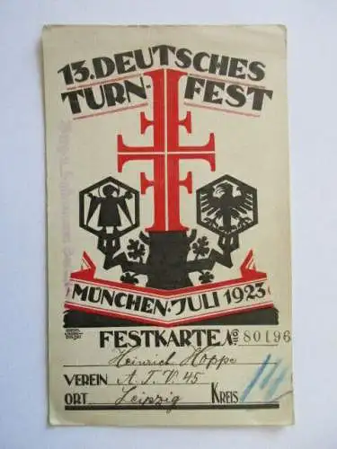 Festkarte 13. Deutsches Turnfest München Juli 1923 Verein ATV Leipzig 